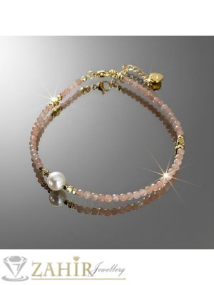 Великолепна гривна за ръка или глезен от естествен карнеол праскова 3 мм фасета, бяла перла и стоманени елементи, закопчалка и удължител - GA3152